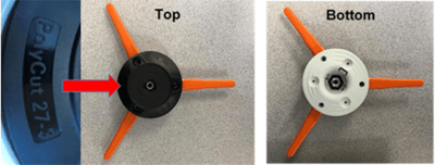 Recalled STIHL PolyCut 27-3, top of mowing head, showing location of model number and a photo of the bottom of the mowing head.